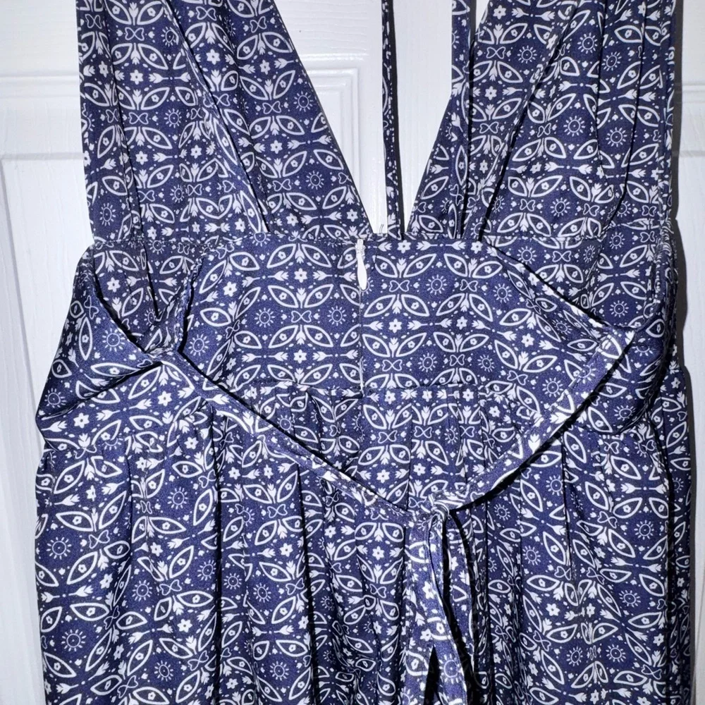 Evil Eye Navy Blue Boho Halter Maxi Dress | Deep V Neck | Tie Back | Size Small - Picture 5 of 6
